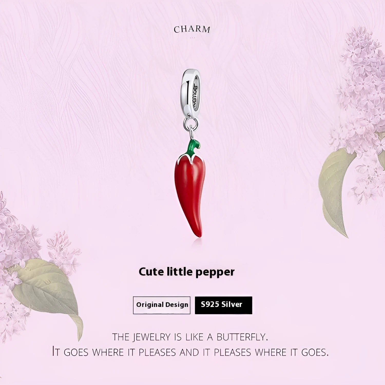 Korean style pepper pendant necklace in sterling silver with leaf-shaped charm and electroplated BSC461 finish