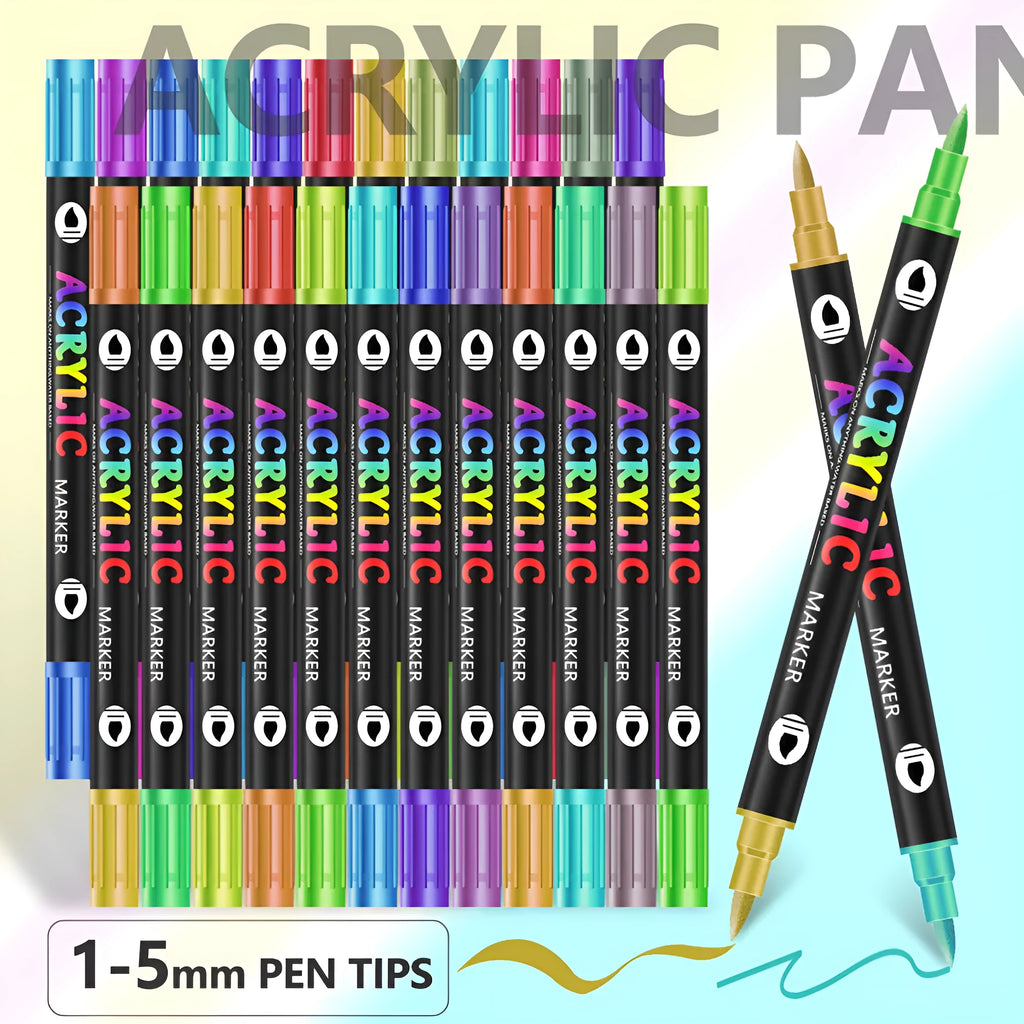 Set of washable double-headed acrylic marker pens with opaque quick-drying colours