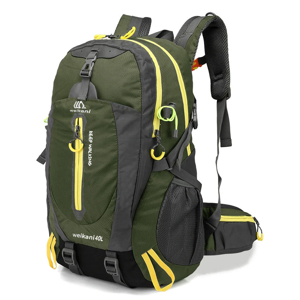 Green 40L hiking backpack with adjustable chest strap and multiple compartments for outdoor sports