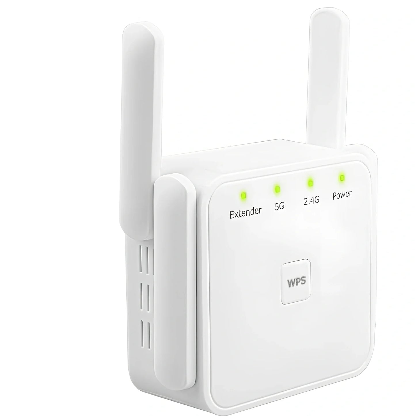 White WiFi signal amplifier repeater with Ethernet port, measuring 15cm x 10cm x 5cm