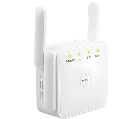 White WiFi signal amplifier repeater with Ethernet port, measuring 15cm x 10cm x 5cm