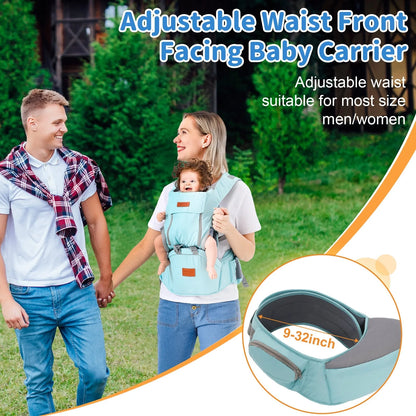 Multi-functional baby waist stool carrier in light blue, grey, and dark blue options