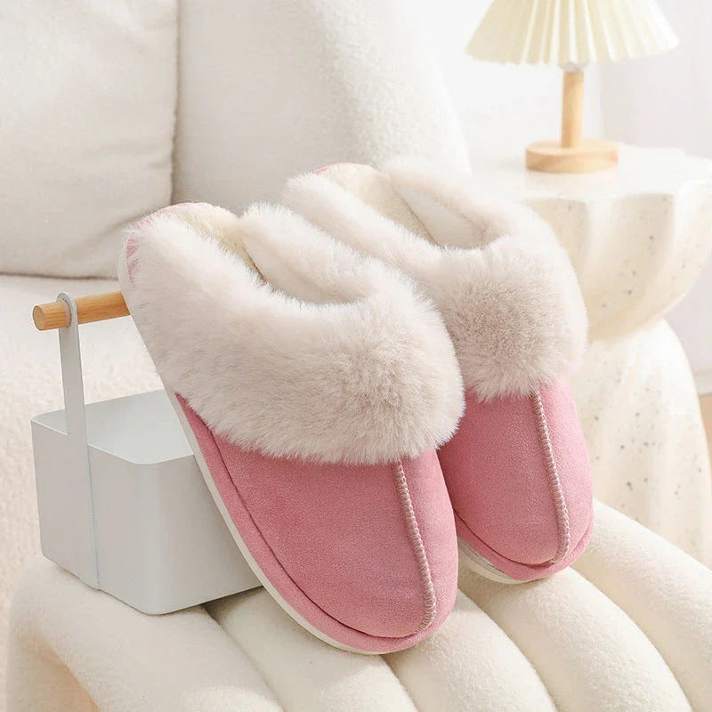 Cozy plush home slippers in a variety of colors, featuring a soft lining and non-slip sole for maximum comfort and traction