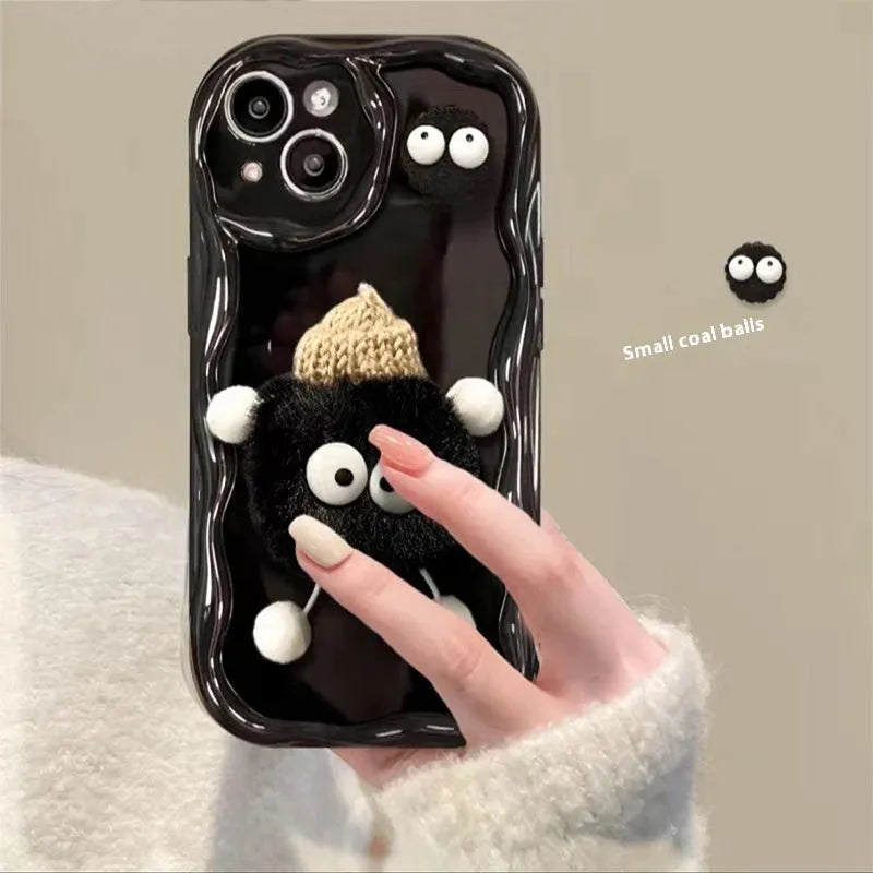 Cartoon cute plush hat doll TPU phone case for iPhone in cream shell-little devil fur ball beige style
