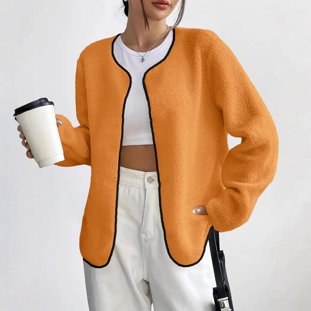 Women's fashion casual solid colour cardigan short jacket in brick red, medium thickness polyester fabric, long sleeves, regular fit