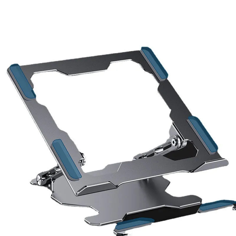 Grey aluminium laptop stand with adjustable angle, shown folded and unfolded next to a laptop.