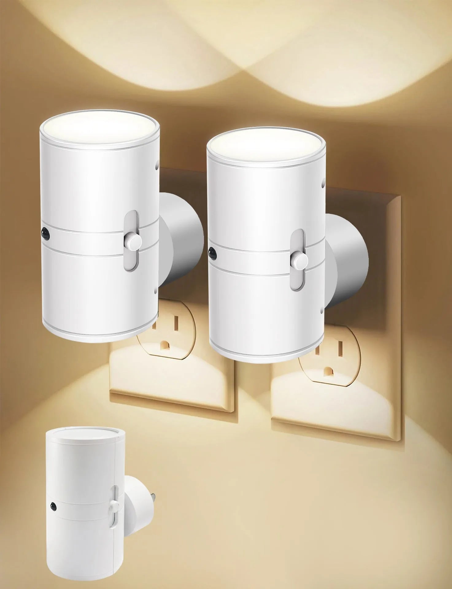 Geometric LED sensor night light with warm glow in black shell for UK or EU or US socket