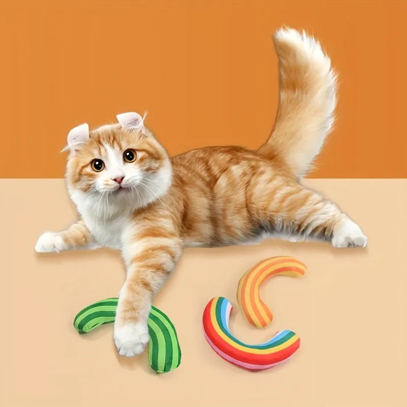 Striped rectangular cat toy pillow with built-in catnip and noise feature measuring 23 by 20 centimetres