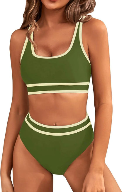 Women's tight-fitting solid colour bikini swimsuit with 15% spandex lining, available in multiple vibrant colours