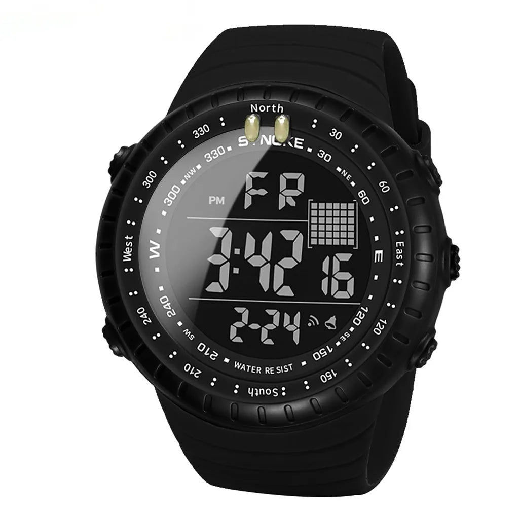 Black waterproof outdoor electronic watch for men with large plastic case and PU strap.