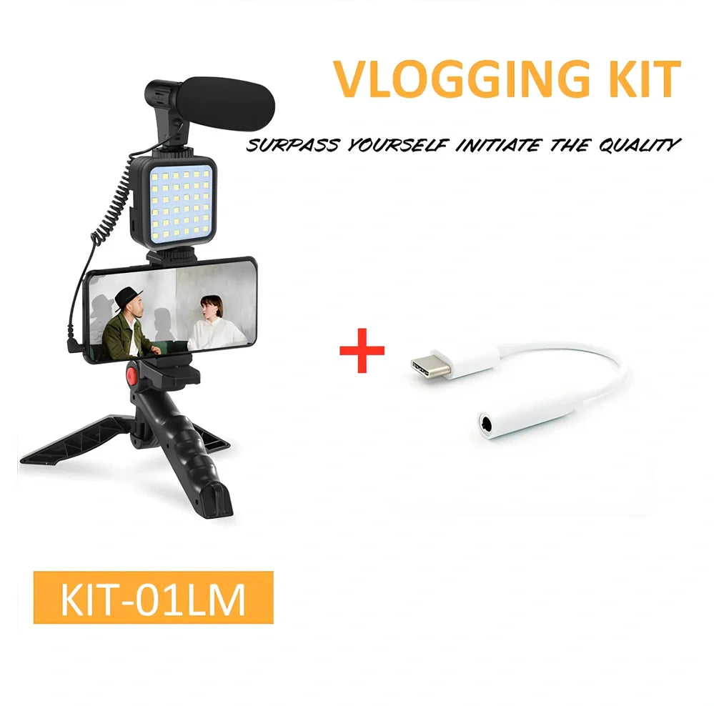 Black tripod head set with 150cm height, condenser mic, compatible with iPhone for stable camera recording