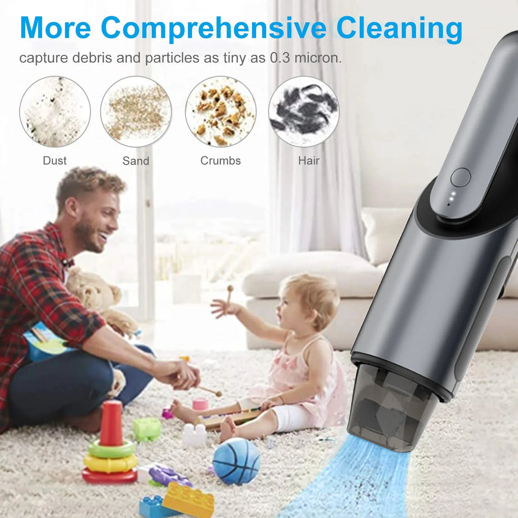 Black wireless handheld car vacuum cleaner with brush and flat attachments on a car seat