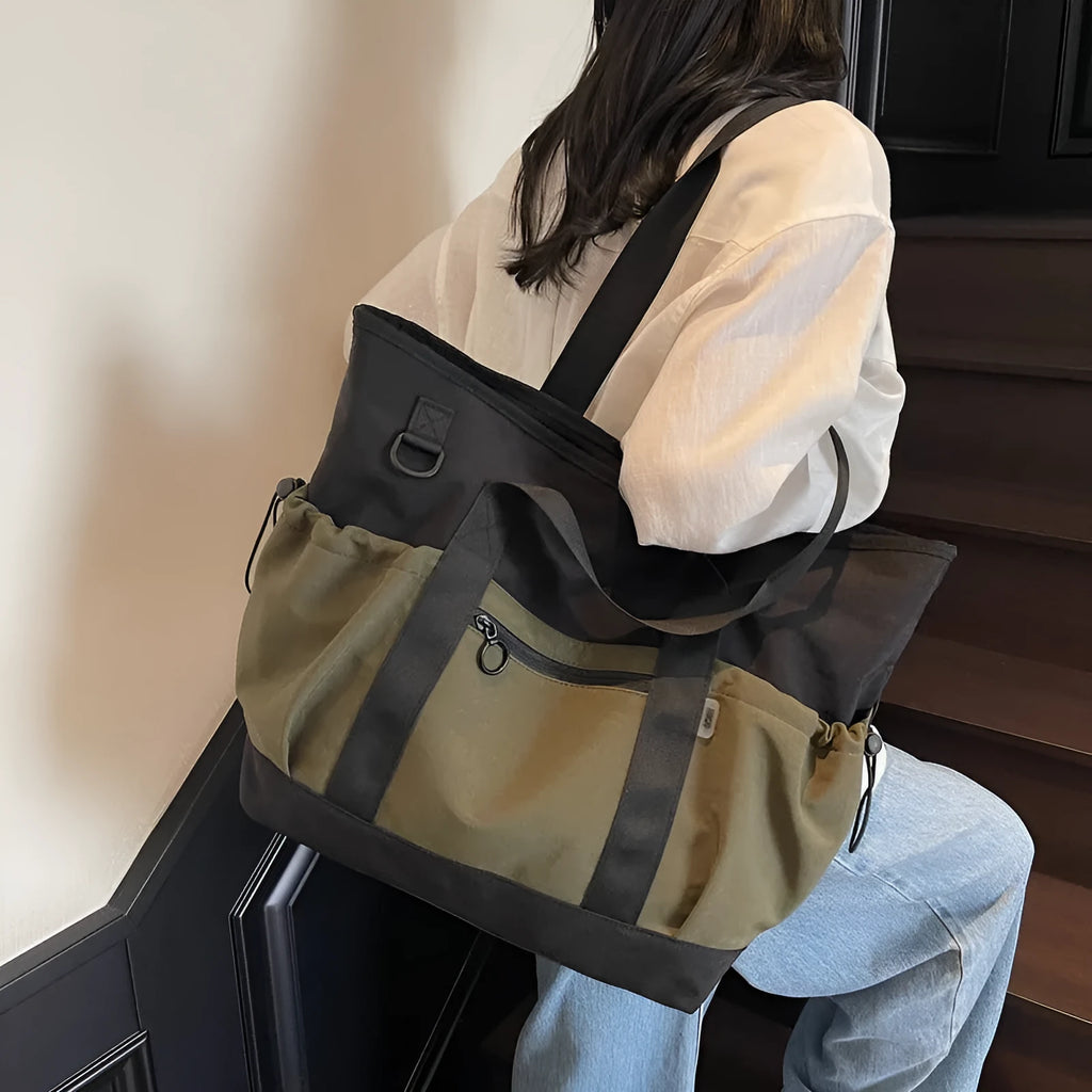 Women's lightweight grey yoga fitness travel bag with letter pattern and 36-55L capacity