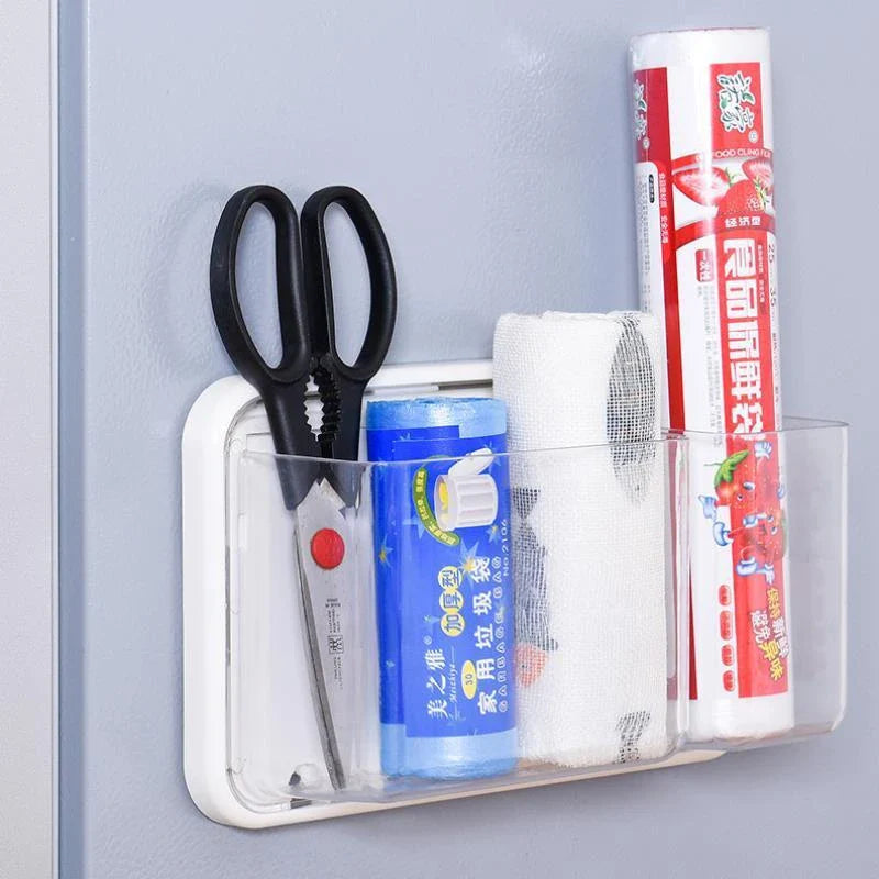 Magnet-free perforated cling film storage rack for refrigerator organisation in white and transparent