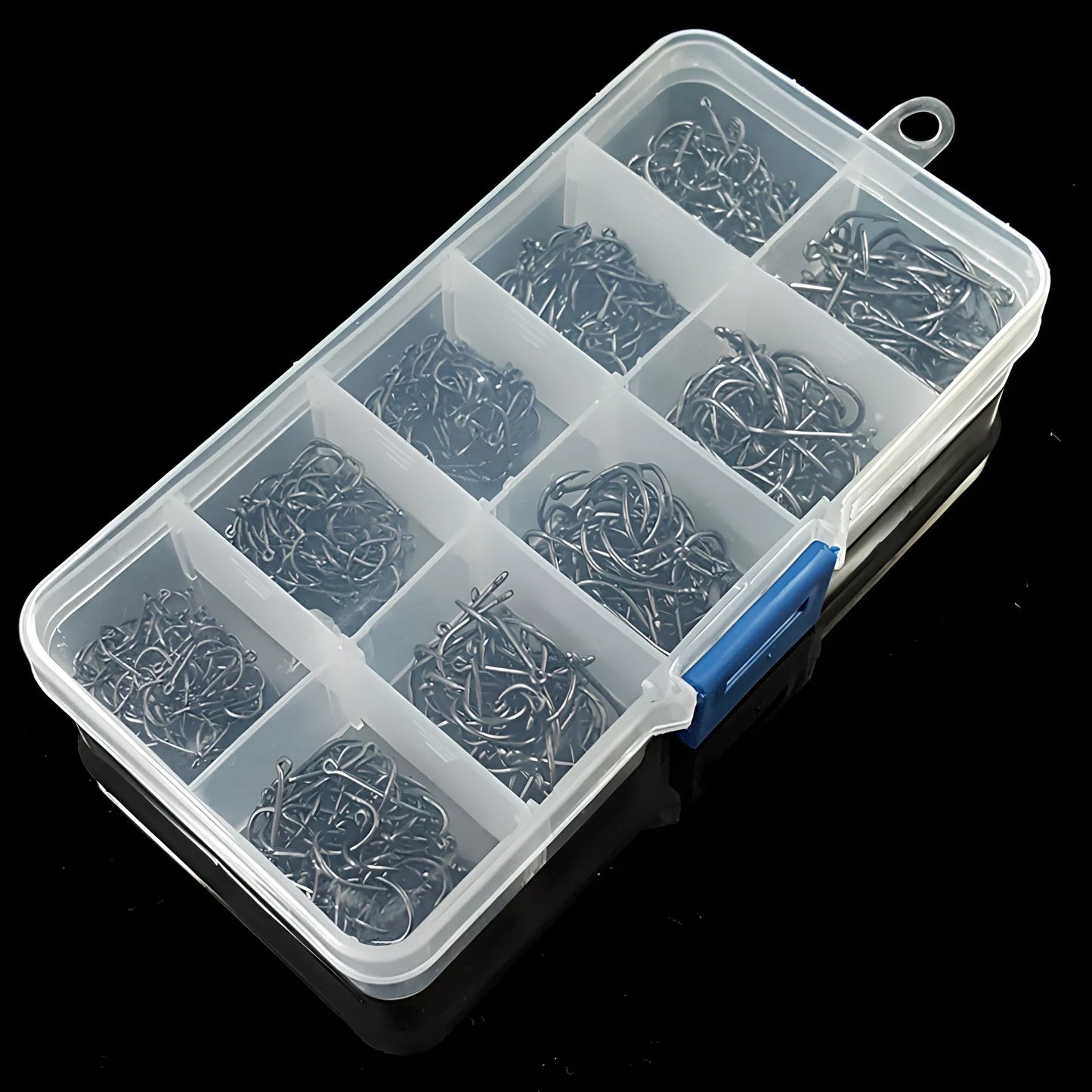 500 barbed blue fishing hooks sizes 3-12 in ten-lattice plastic box 13cm x 7cm