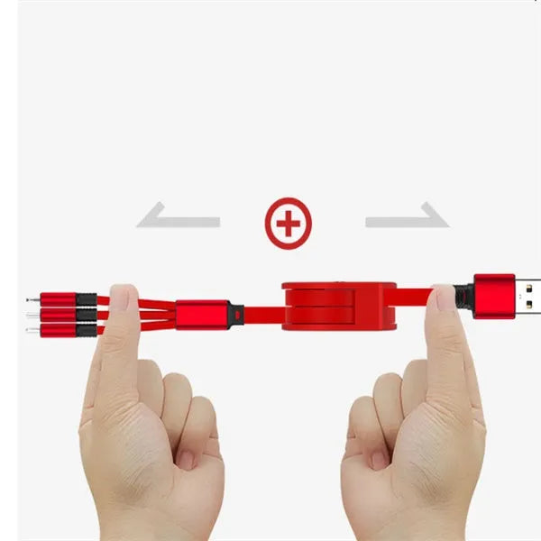 Black telescopic charging cable extended to full length showing three different connector types