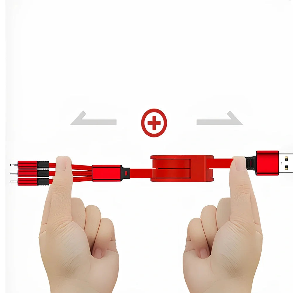 Black 3-in-1 telescopic charging cable extended to 120cm with three titanium alloy connectors for multi-device use