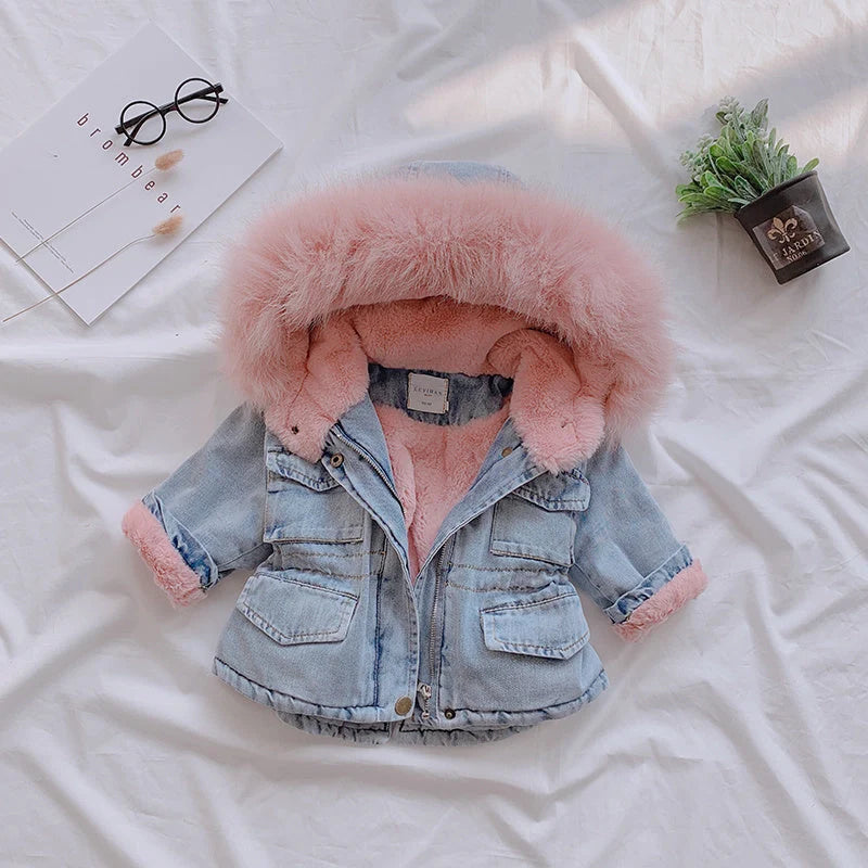 Girl denim coat in blue and pink with plus velvet lining and attached hat