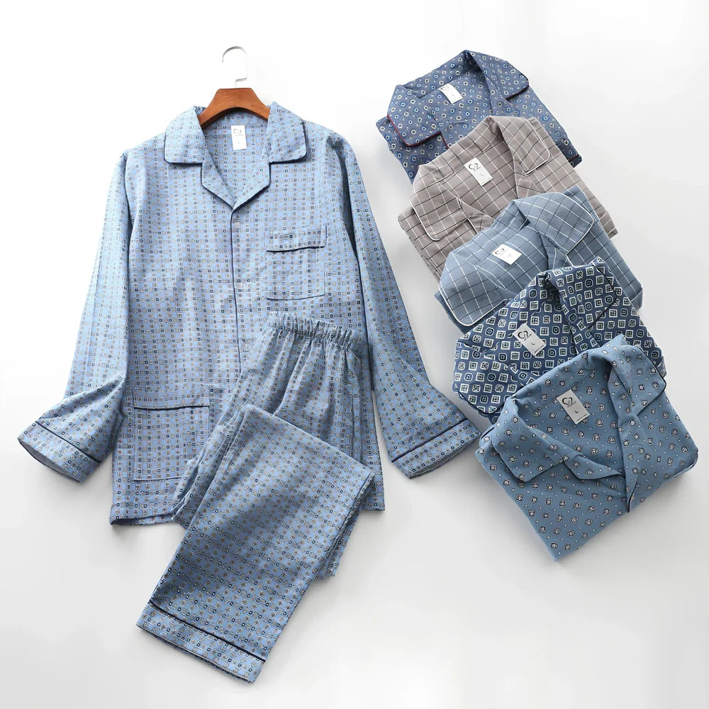 Men's brushed cotton long-sleeved lapel pajama set in blue grid pattern, size M with 72 cm top and 100 cm trousers