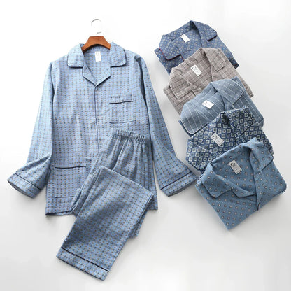Men's brushed cotton long-sleeved lapel pajama set in blue grid pattern, size M with 72 cm top and 100 cm trousers