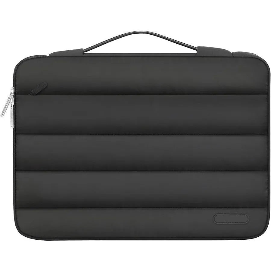 Solid colour velvet laptop bag with plaid detail for a 13.3 or 15.4 inch device.