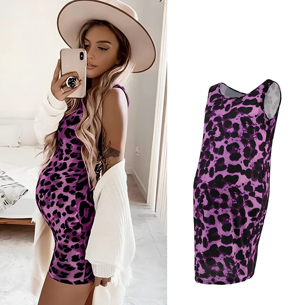 Sleeveless leopard print maternity dress in navy blue, loose waist MIDI length for pregnant women, polyester fabric with V-neck