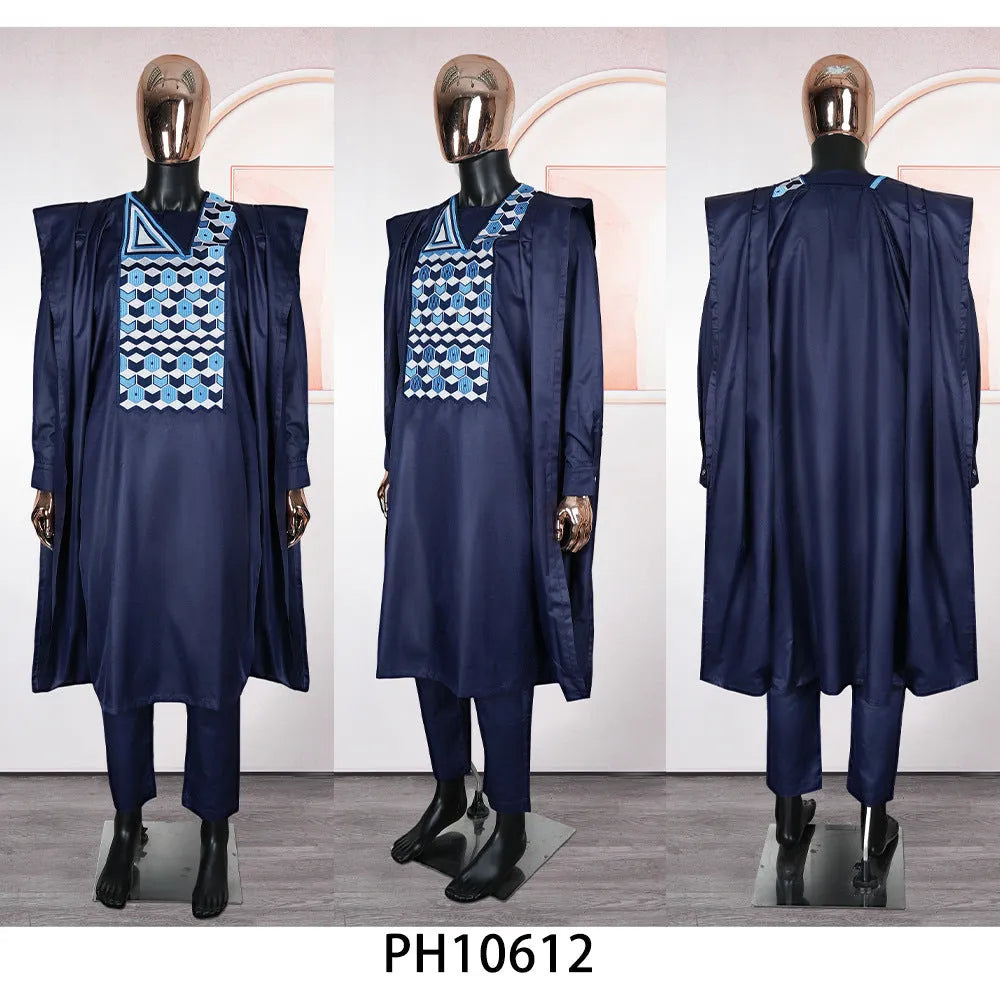 Men's dark blue embroidered three-piece suit set with polyester T-shirt style jacket and trousers