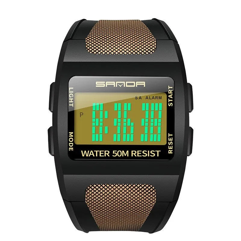 Sanda sports digital watch with black resin strap showing time and date on display