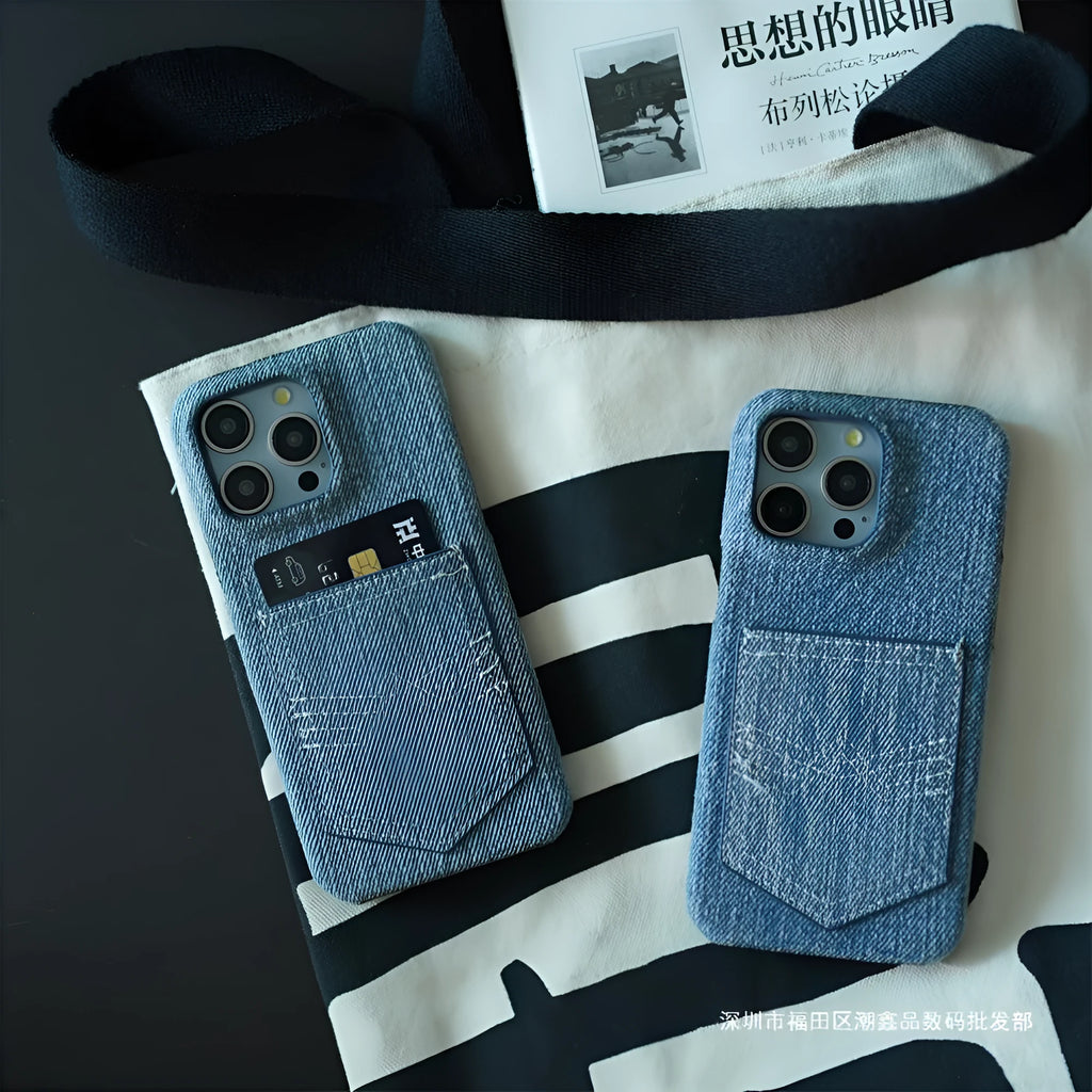Denim card insert oil edge TPU phone case with magnetic suction for Apple iPhone models, back view showing card slot and rhinestone decoration.