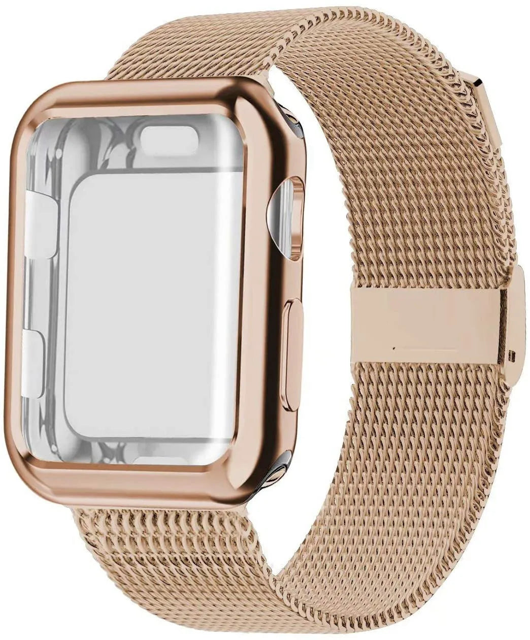 Silver magnetic Milanese metal band for Apple Watch on a wrist, showing the clasp.