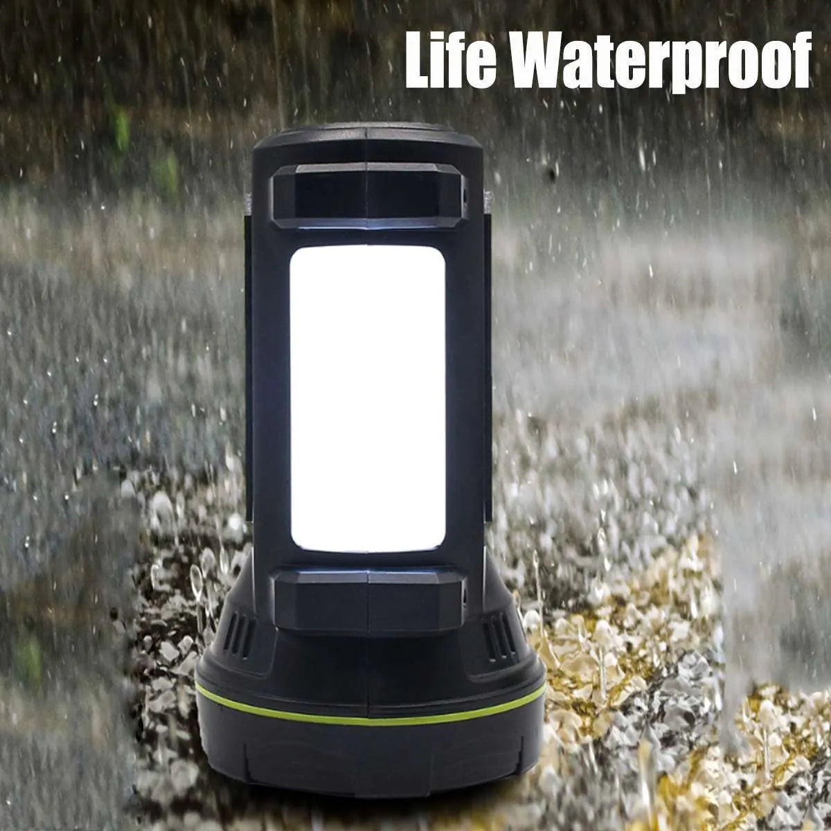 Green USB rechargeable LED flashlight with 500 metre beam range shown as both handheld and table light