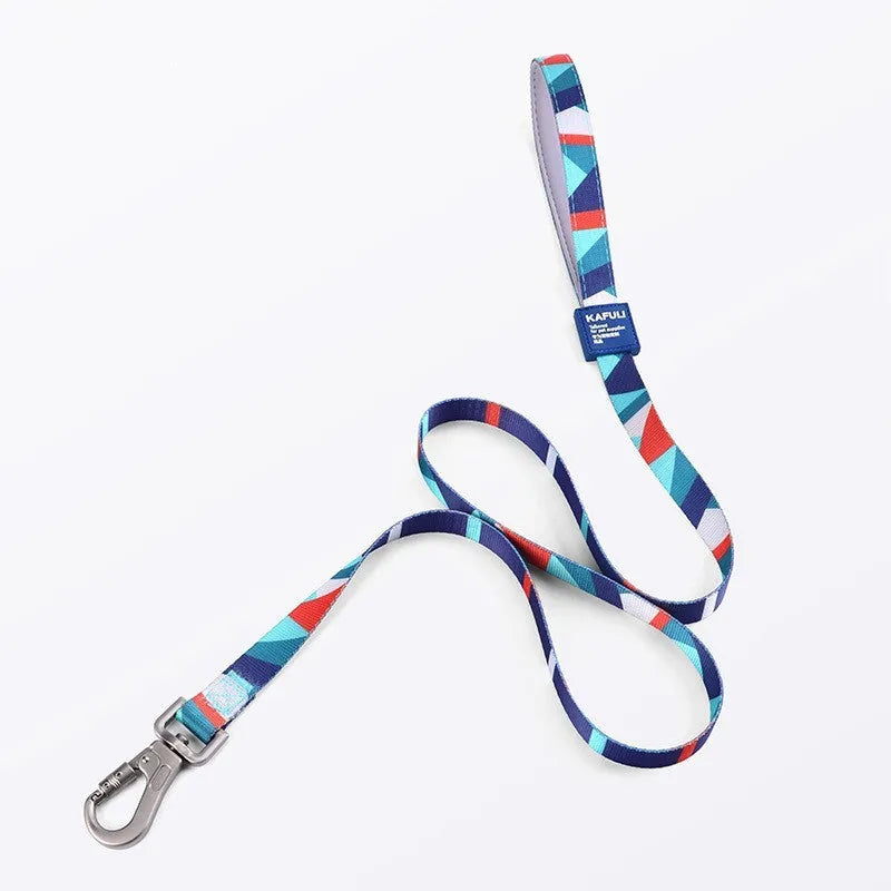 Blue polyester dog harness and leash set with padded rope and adjustable chest strap