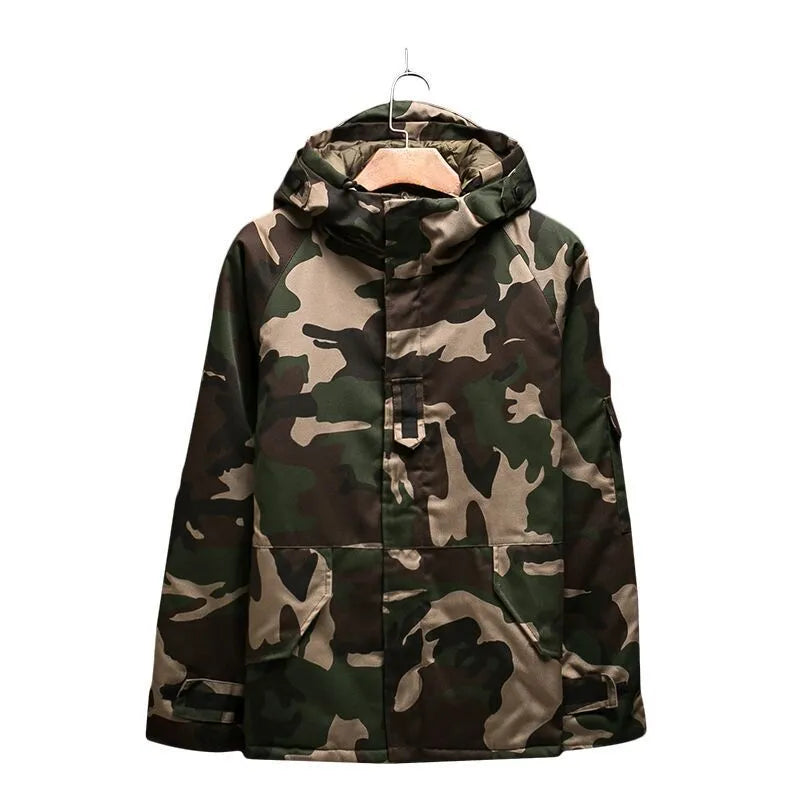 Men's winter camouflage cotton jacket with zip closure and hood, camouflage pattern, sizes S-XXXL
