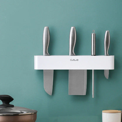 Wall-mounted knife holder in grey and black, holding 4 knives and 6 utensils