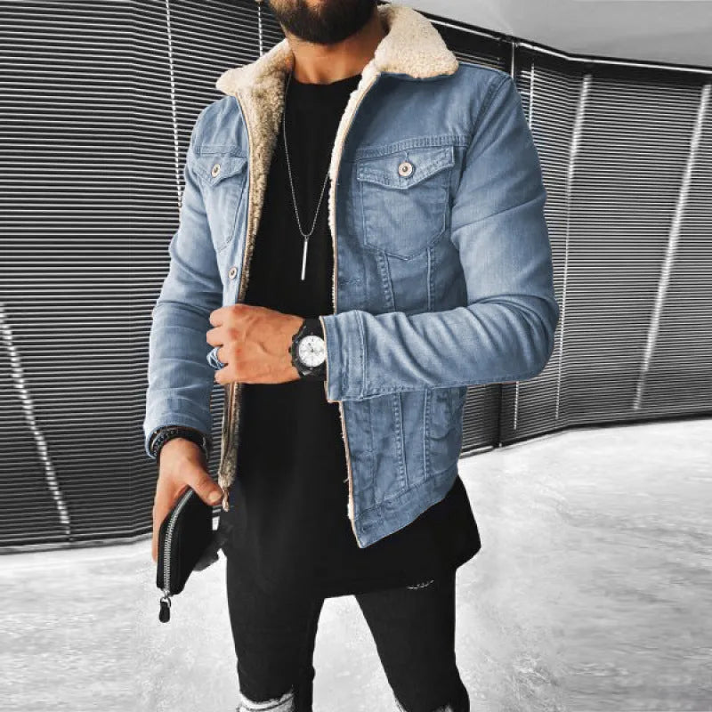 Lamb wool thickening denim jacket for men, black, side seam pockets, regular fit, winter wear