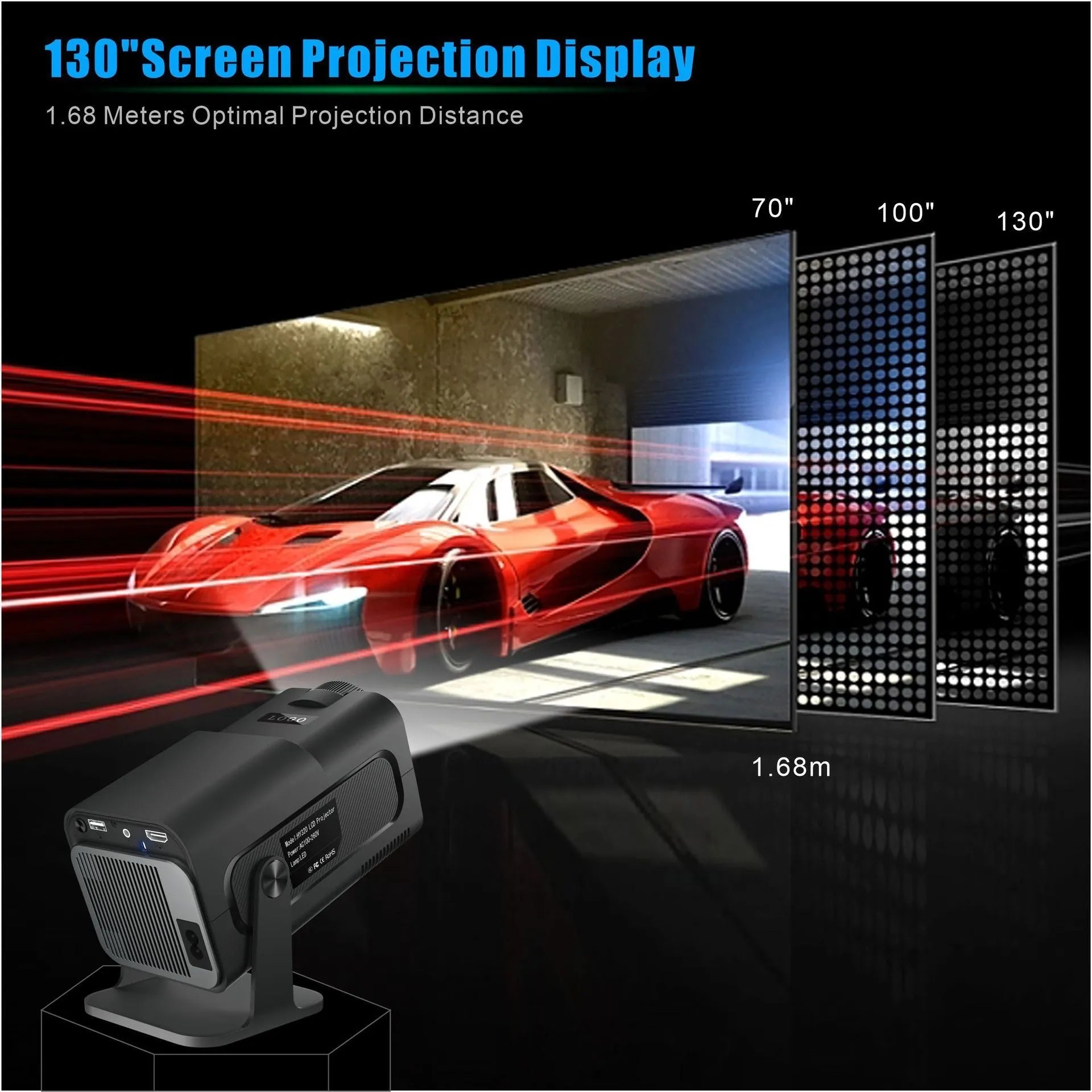 HY320 Android smart projector with 1080p resolution, 390 ANSI lumens, and rotatable PTZ bracket