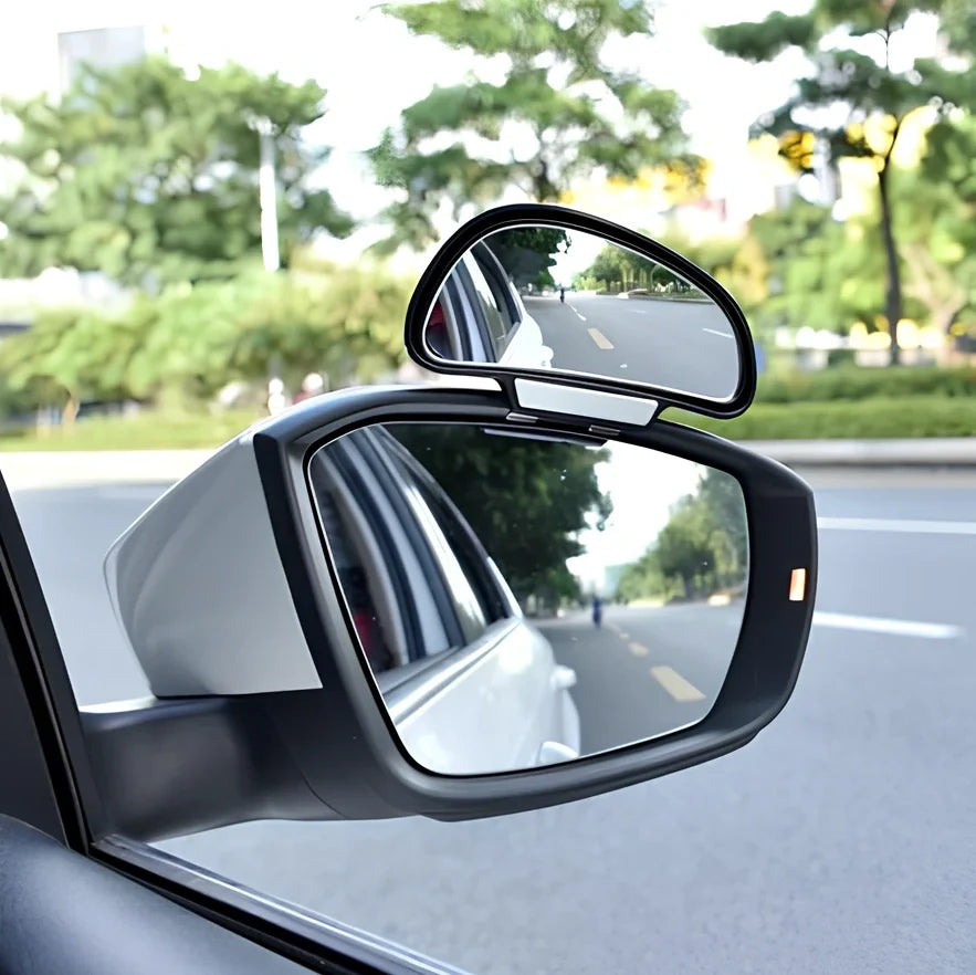 Black adjustable car blind spot mirror with 360-degree lens and 3M adhesive on rearview mount