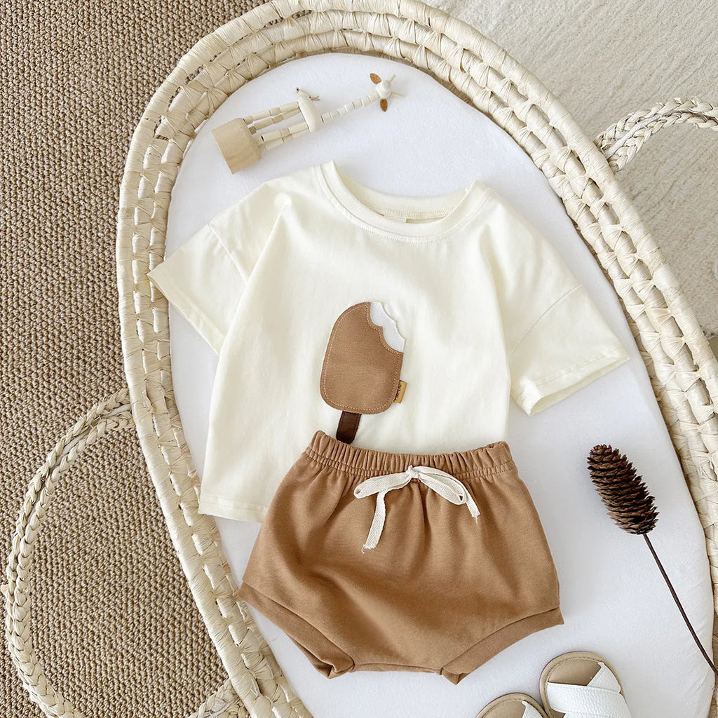 Girls' cotton shorts suit with ice cream patch in apricot, olive and white colours