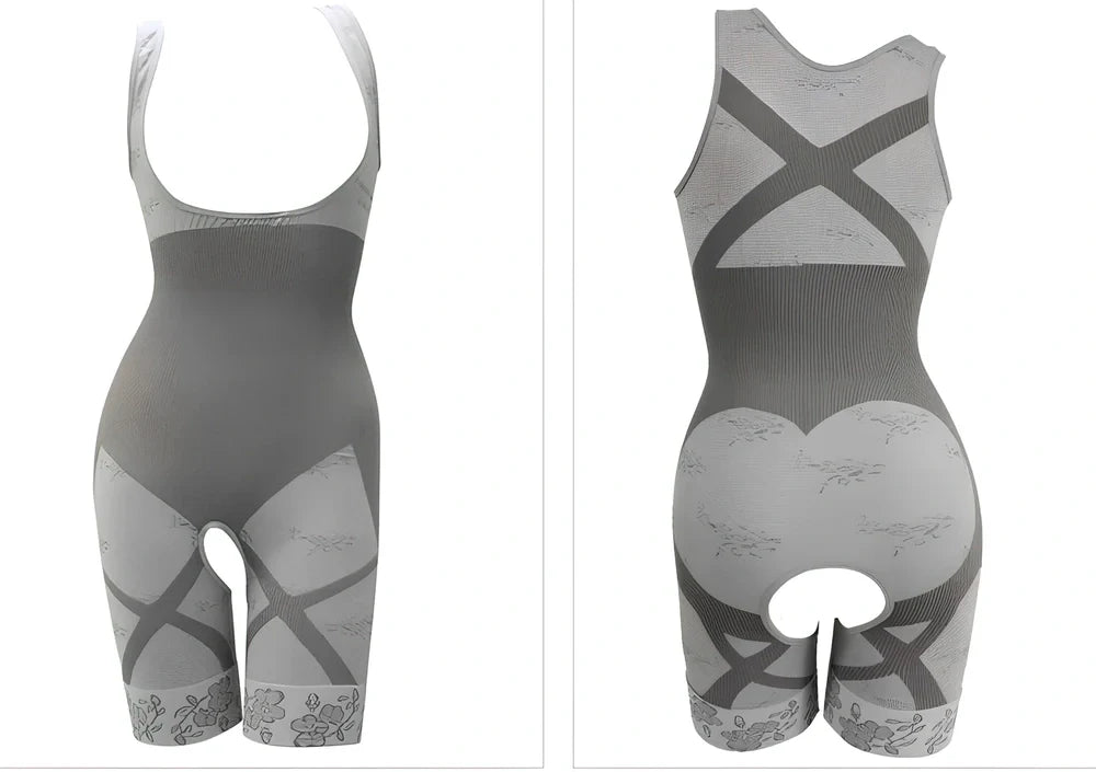 Black nylon women's tummy control bodysuit with U-neck and lace briefs for abdomen and hip shaping, sizes S-3XL