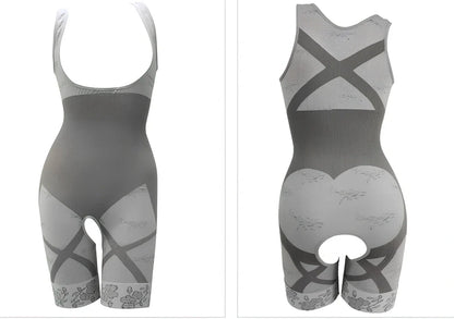 Black nylon women's tummy control bodysuit with U-neck and lace briefs for abdomen and hip shaping, sizes S-3XL