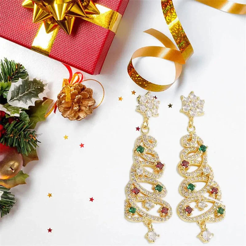 Festive Christmas tree tassel earrings with colorful zircon inlays