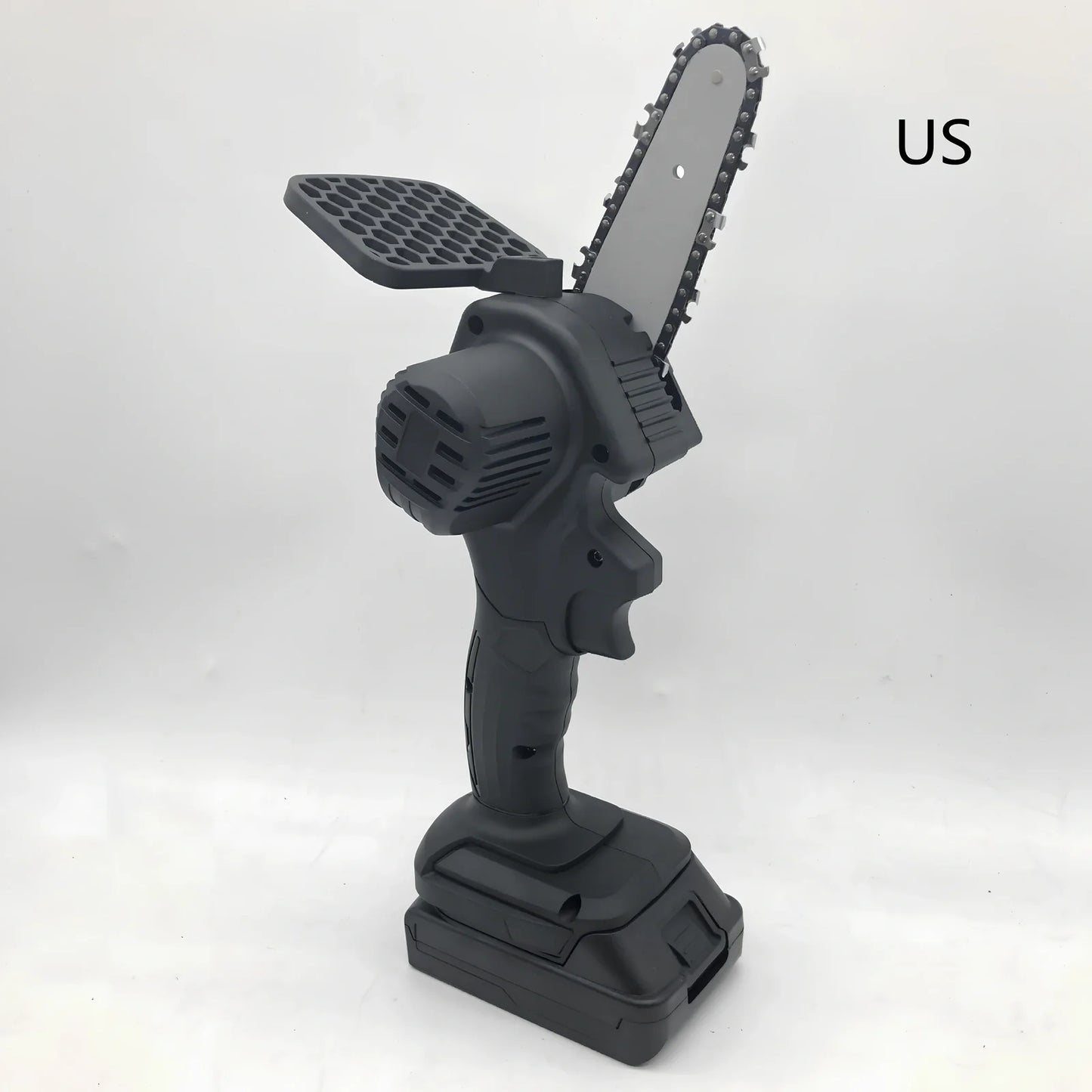 Black 4-inch rechargeable electric chainsaw with steel chain and bare metal body for garden pruning, 1000W power