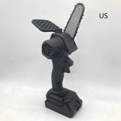 Black 4-inch rechargeable electric chainsaw with steel chain and bare metal body for garden pruning, 1000W power