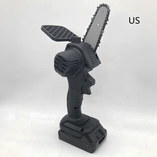 Black 4-inch rechargeable electric chainsaw with steel chain and bare metal body for garden pruning, 1000W power