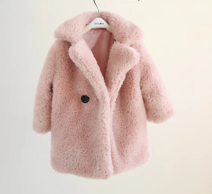 Children's cashmere fur coat in beige colour with suit collar and long sleeves for winter wear