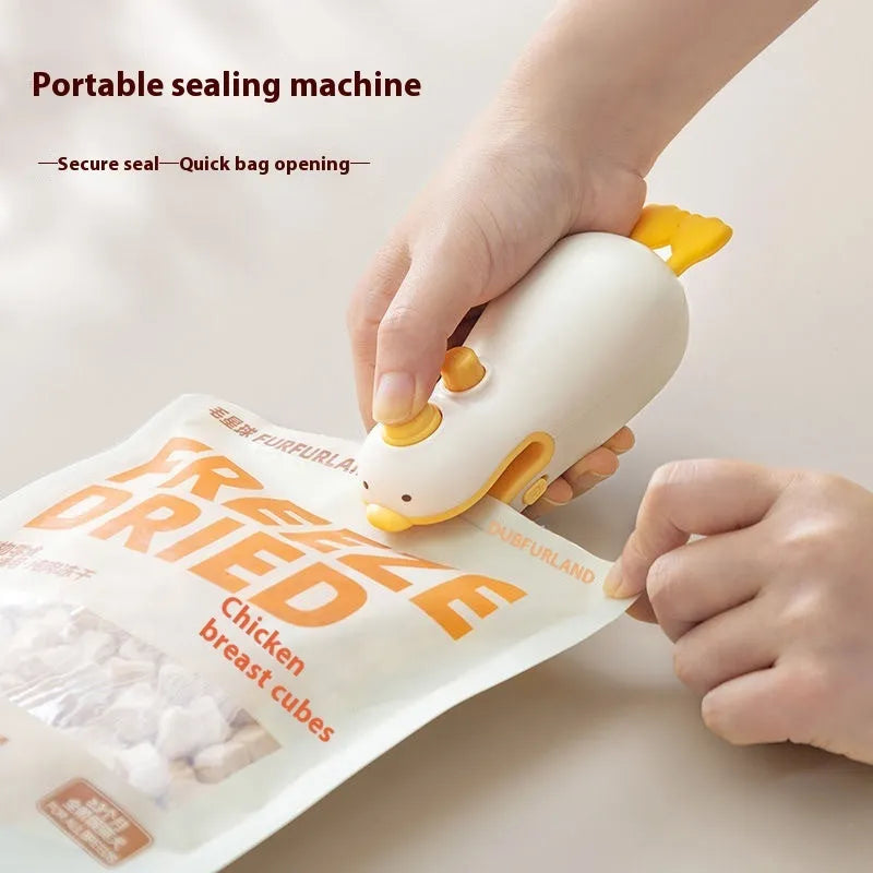 Small Yellow Duck shaped rechargeable bag sealer with animal jacquard pattern and USB cable.