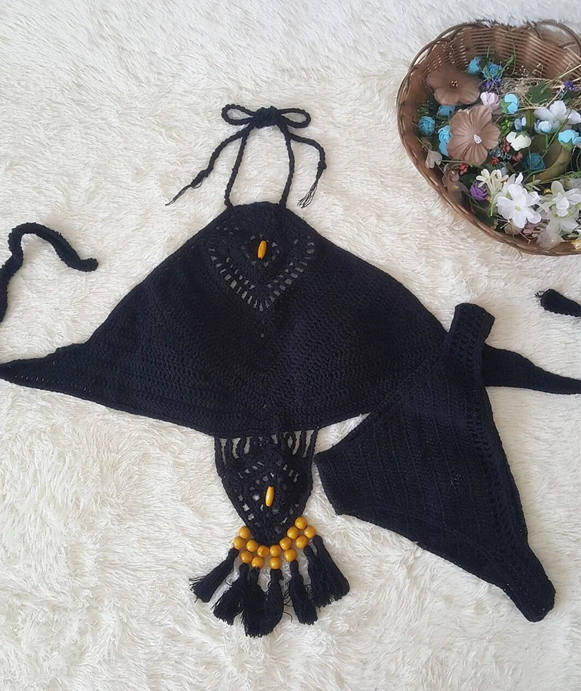 Crochet tassel bikini set with adjustable ties in black, khaki, and white colours showing front and back views
