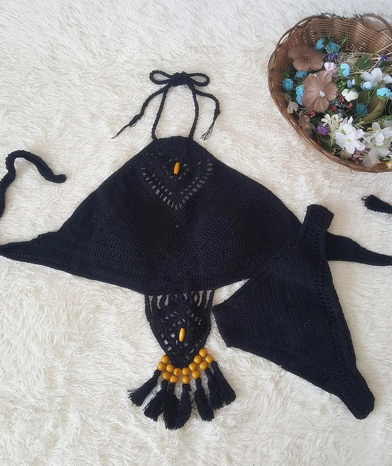 Crochet tassel bikini swimsuit set with adjustable tie closures and breathable fabric, available in black, khaki, and white colours in sizes S, M, and L for versatile beachwear styling