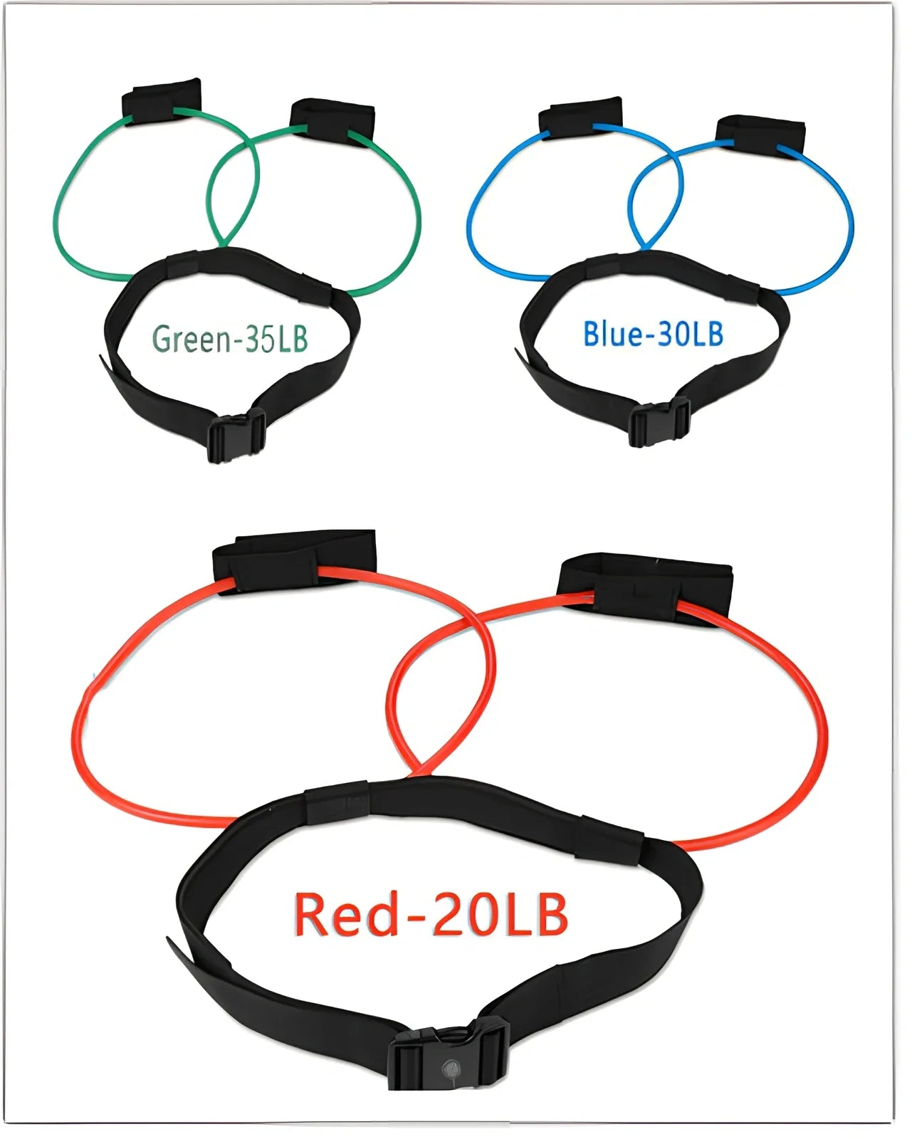Women's adjustable waist resistance band with colour-coded latex tubes and pedal exerciser foot straps