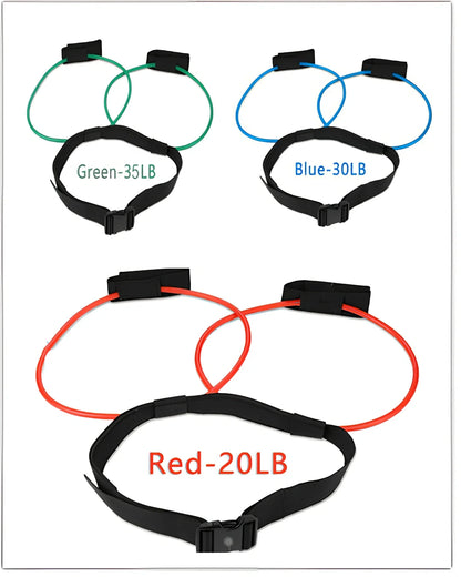 Women's adjustable waist resistance band with colour-coded latex tubes and pedal exerciser foot straps
